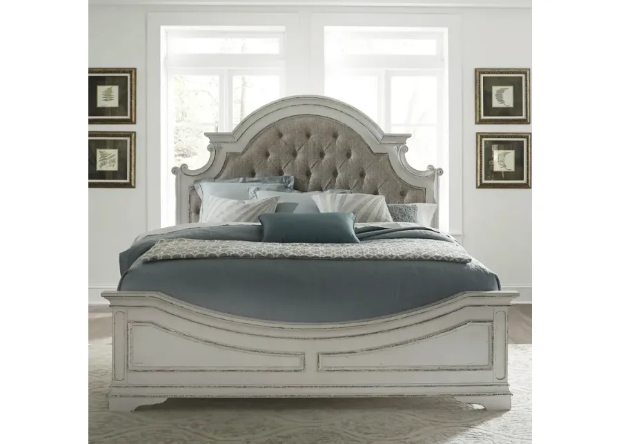 KING UPHOLSTERED BED DRESSER & MIRROR CHEST NIGHT STAND - MAGNOLIA MANOR