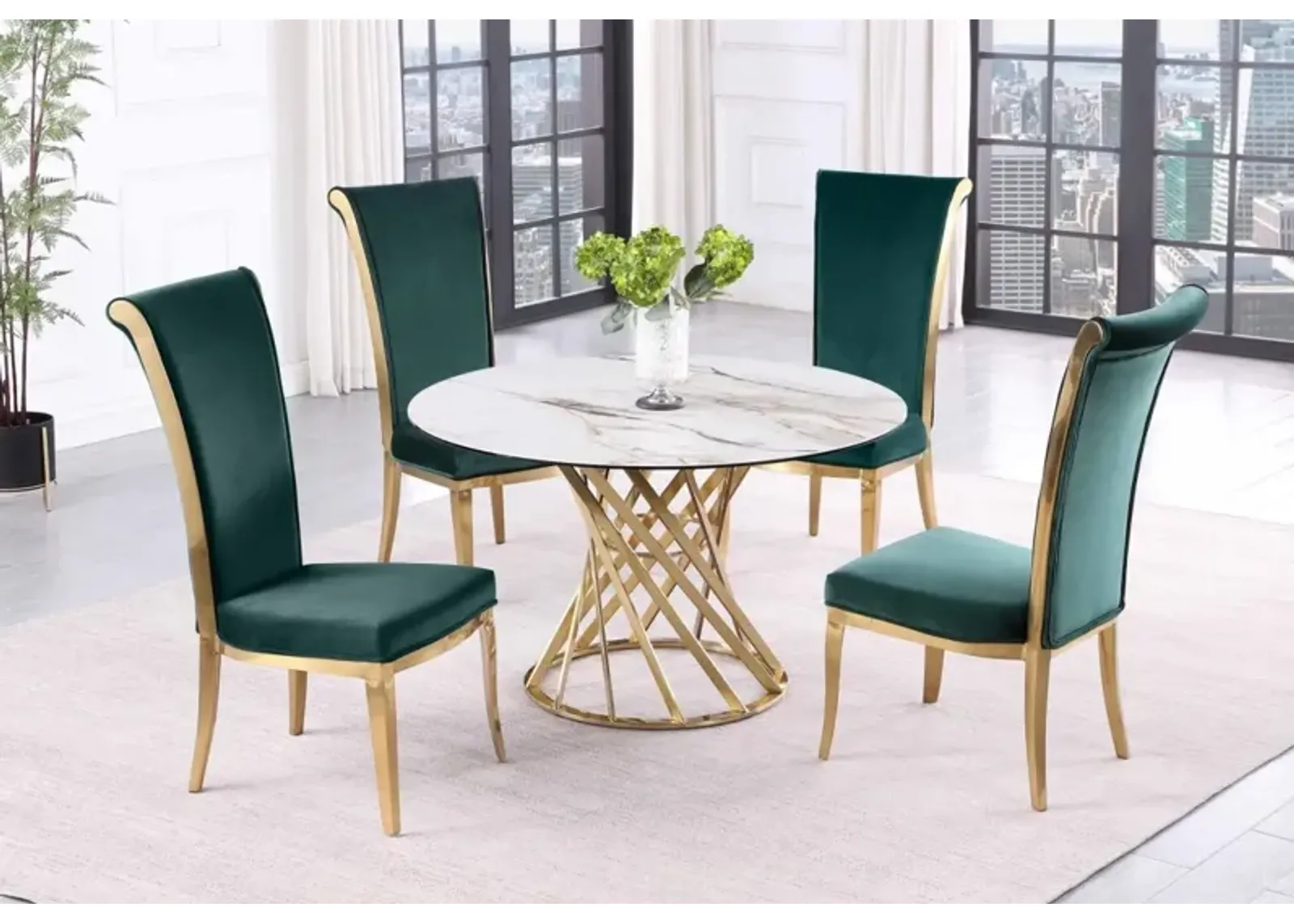 Chintaly Tracy Green/Brushed Gold Dining Set with Sintered Stone Top Golden Base & High Back Chairs