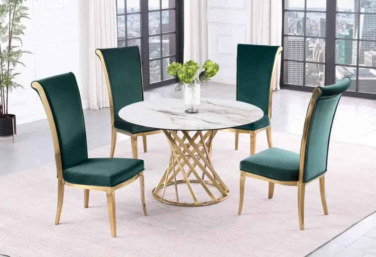 Chintaly Tracy Green/Brushed Gold Dining Set with Sintered Stone Top Golden Base & High Back Chairs