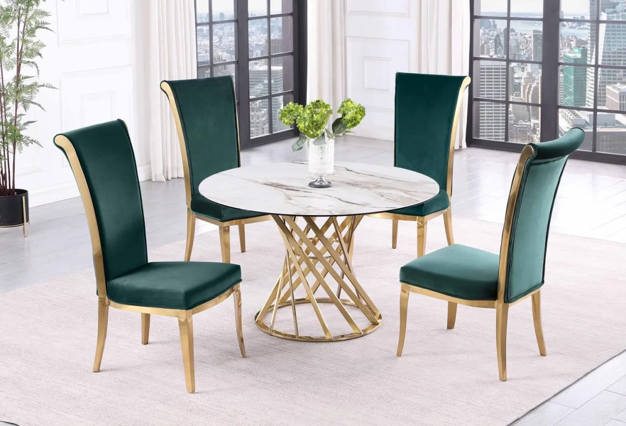 TRACY GREEN/BRUSHED GOLD DINING SET WITH SINTERED STONE TOP, GOLDEN BASE & HIGH BACK CHAIRS