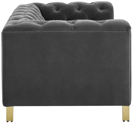 CHARLENE GRAY VELVET BUTTON TUFTED ROLLED ARM CHESTERFIELD LOVESEAT