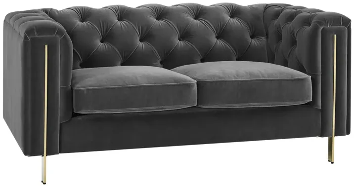 CHARLENE GRAY VELVET BUTTON TUFTED ROLLED ARM CHESTERFIELD LOVESEAT