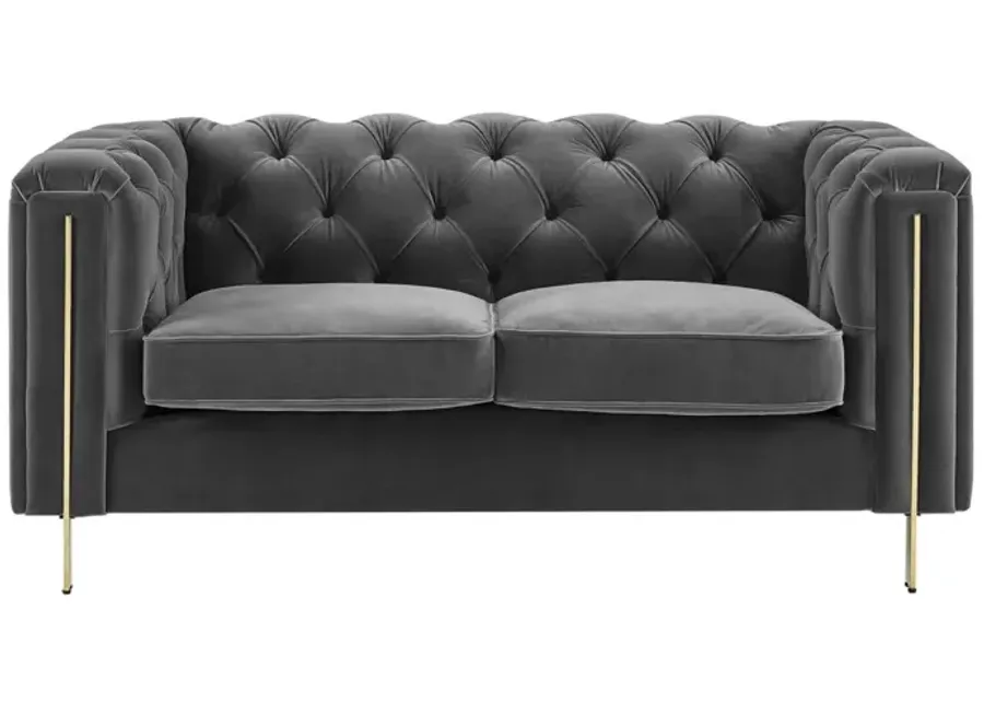 CHARLENE GRAY VELVET BUTTON TUFTED ROLLED ARM CHESTERFIELD LOVESEAT