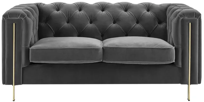 CHARLENE GRAY VELVET BUTTON TUFTED ROLLED ARM CHESTERFIELD LOVESEAT