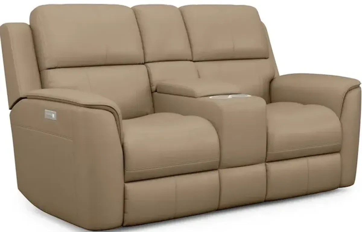 Flexsteel Henry Beige Leather Triple Powre Reclining Console Loveseat