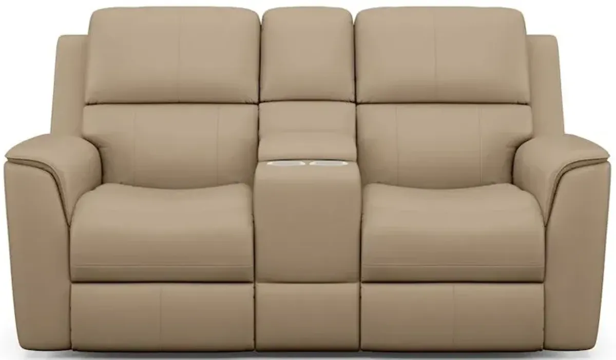 Flexsteel Henry Beige Leather Triple Powre Reclining Console Loveseat