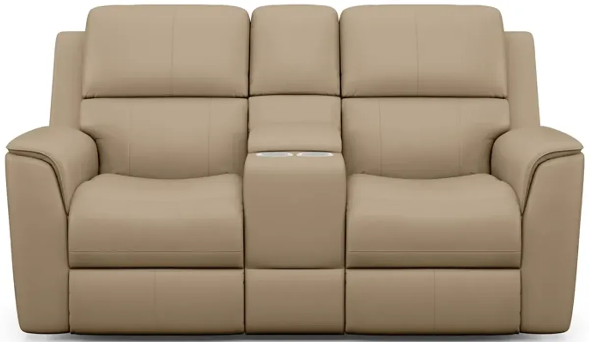 Flexsteel Henry Beige Leather Triple Powre Reclining Console Loveseat