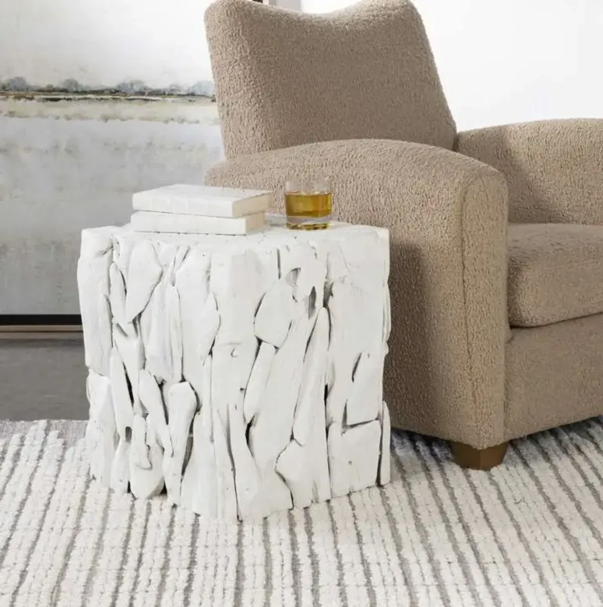 Uttermost Teak Root White Bunching Cube Ottoman