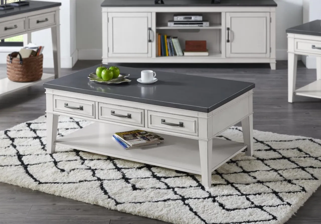 DEL MAR 3-DRAWER COFFEE TABLE IN ANTIQUE WHITE & GREY