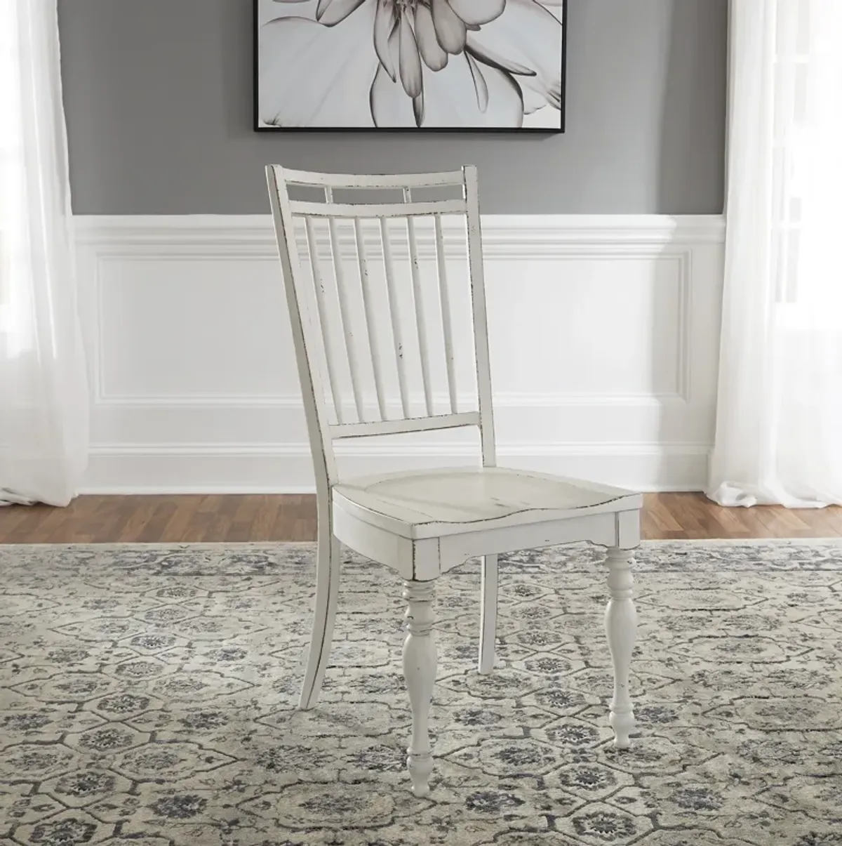 5-Piece Antique White Weathered Bark Leg Dining Table Set with Spindle Back Side Chairs - Magnolia Manor