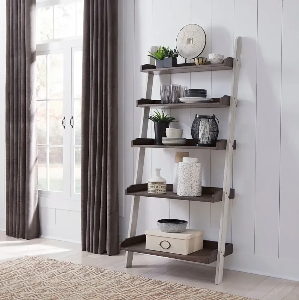 Liberty Furniture Farmhouse Two-Tone White Leaning Bookcase