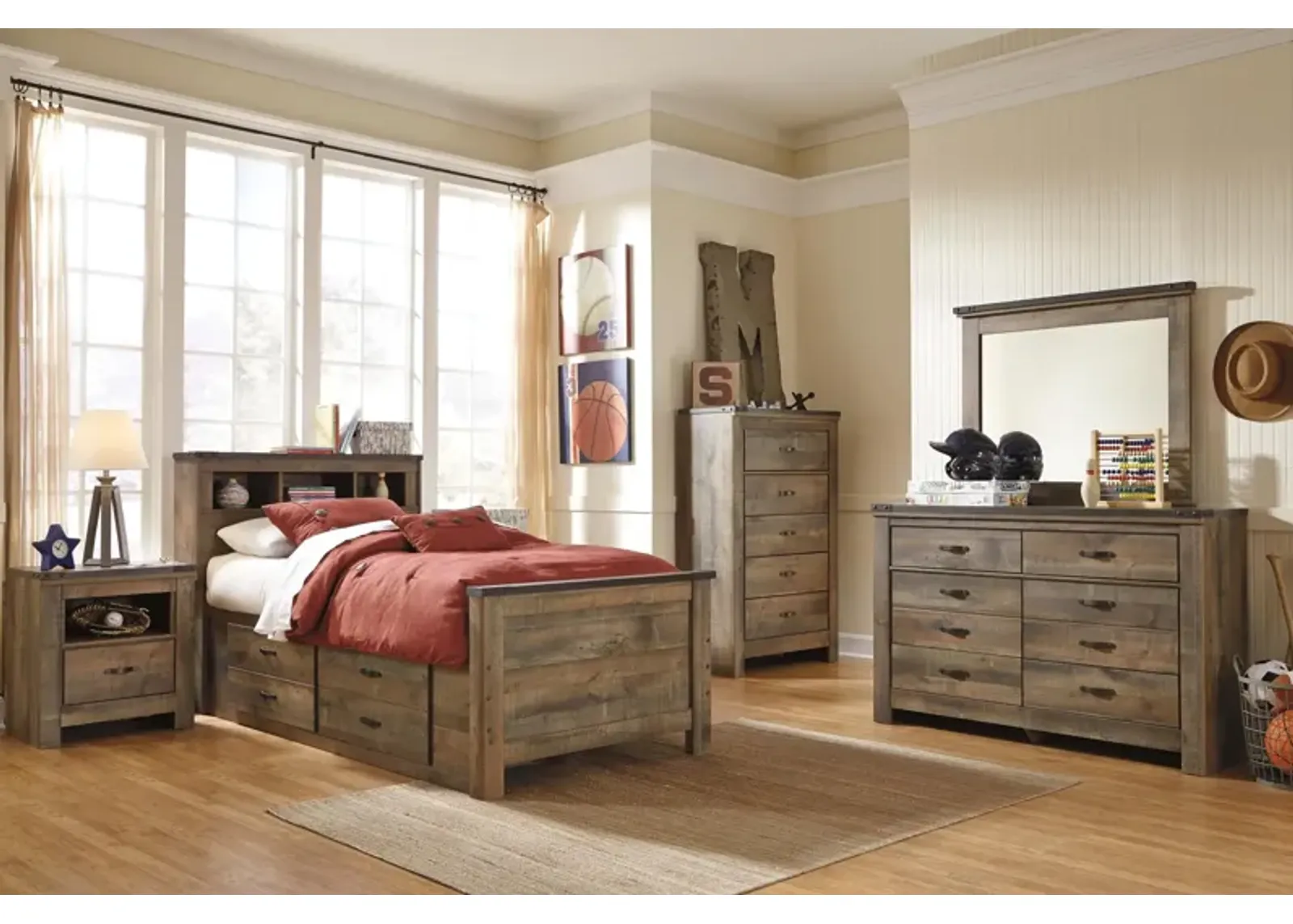 Ashley Trinell Rustic Brown Twin Bookcase Bed with 2 Storage Drawers