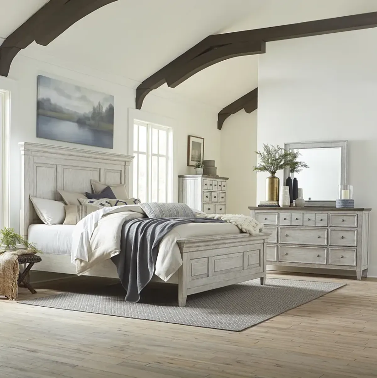 Liberty Furniture Complete King Bedroom Set Panel Bed, Dresser, Mirror & Chest Heartland