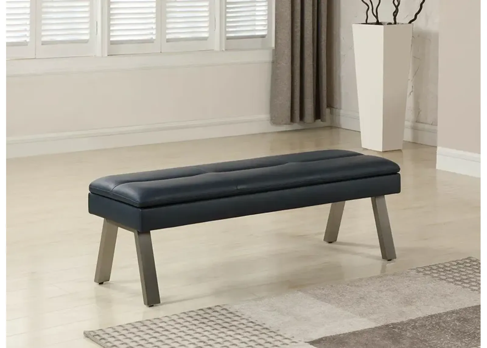 Chintaly Jezebel Blue Tufted Dining Bench with Underseat Storage & Steel Legs