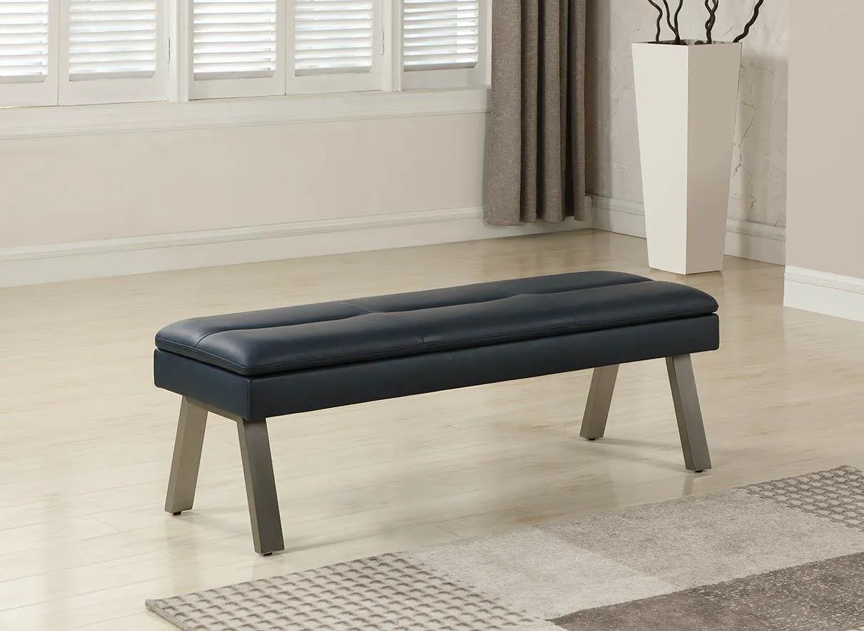 JEZEBEL BLUE TUFTED DINING BENCH WITH UNDERSEAT STORAGE & STEEL LEGS