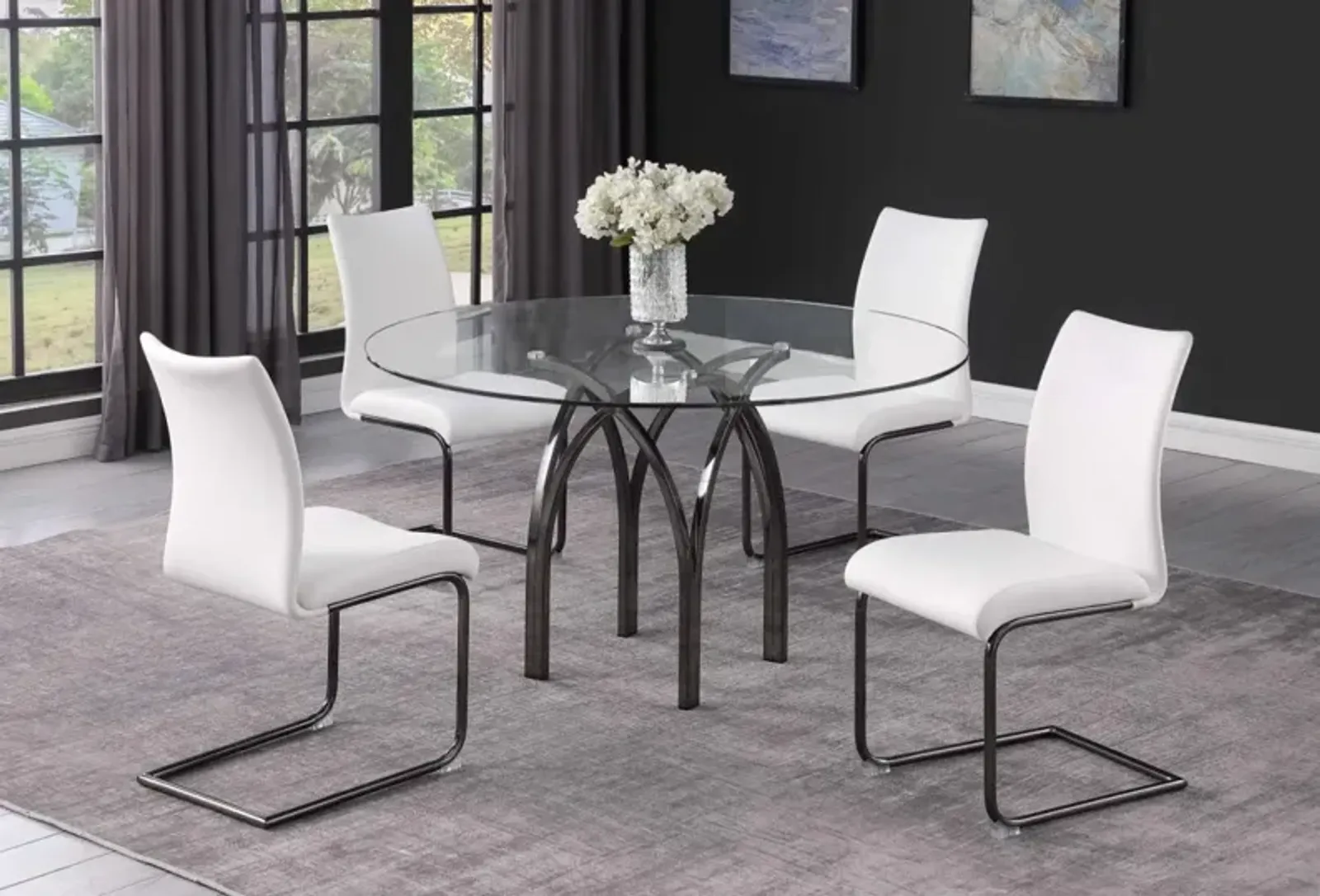 Chintaly Juliette White Contemporary Dining Set with Round Glass Table & Cantilever Chairs