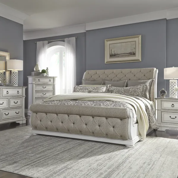 Liberty Furniture Complete King Bedroom Set Upholstered Sleigh Bed, Dresser, Mirror, Chest & Nightstand Abbey Park