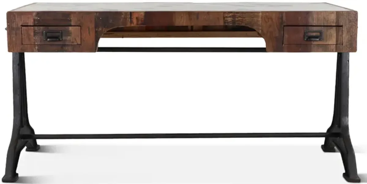 Home Trends Design Bowery Rustic Teak Wood Office Desk with Natural Marble Inlay