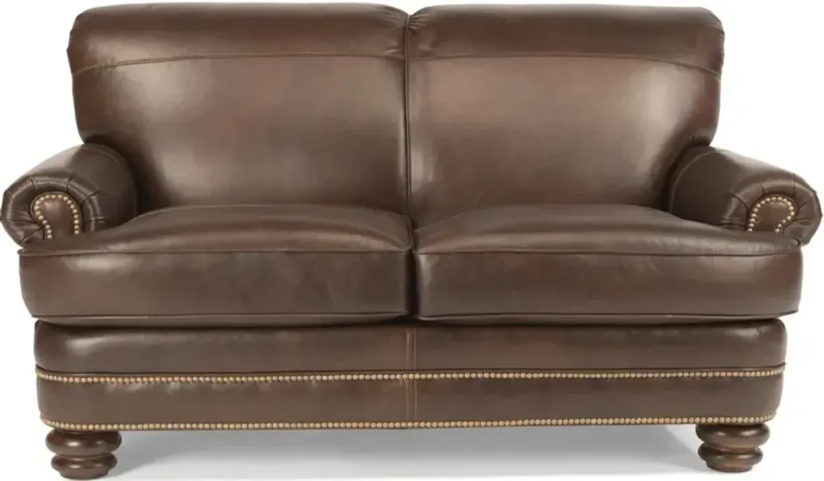 Flexsteel Bay Bridge Brown Leather Loveseat with Nailhead Trim