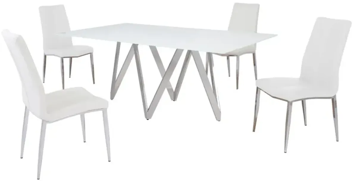 Chintaly Abigail White Modern Dining Set with White Glass Table & 4 Chairs