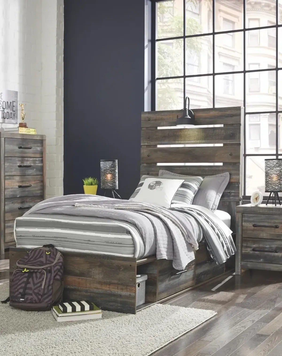 Ashley Drystan Brown Twin Panel Bed with 2 Storage Drawers