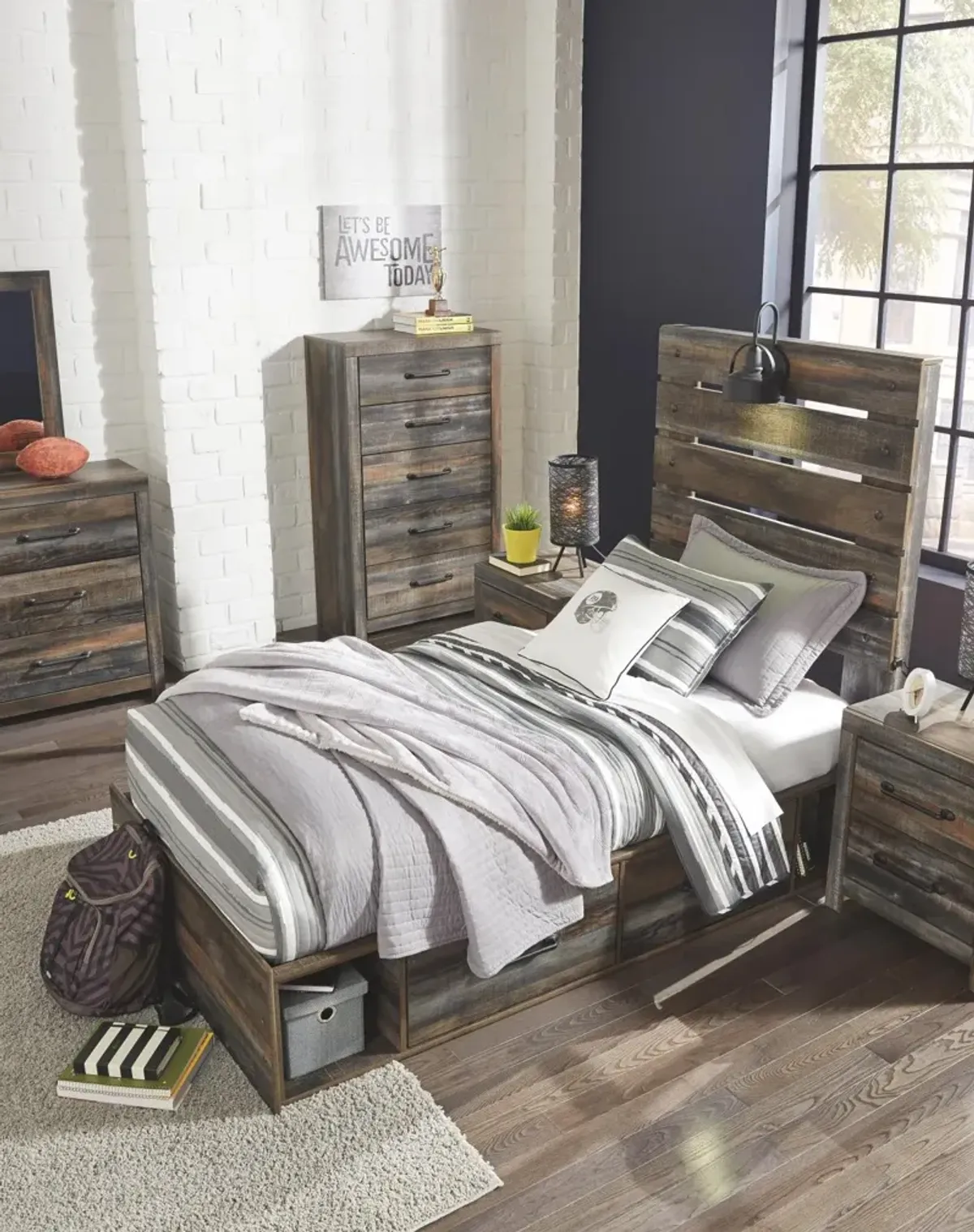 Ashley Drystan Brown Twin Panel Bed with 2 Storage Drawers