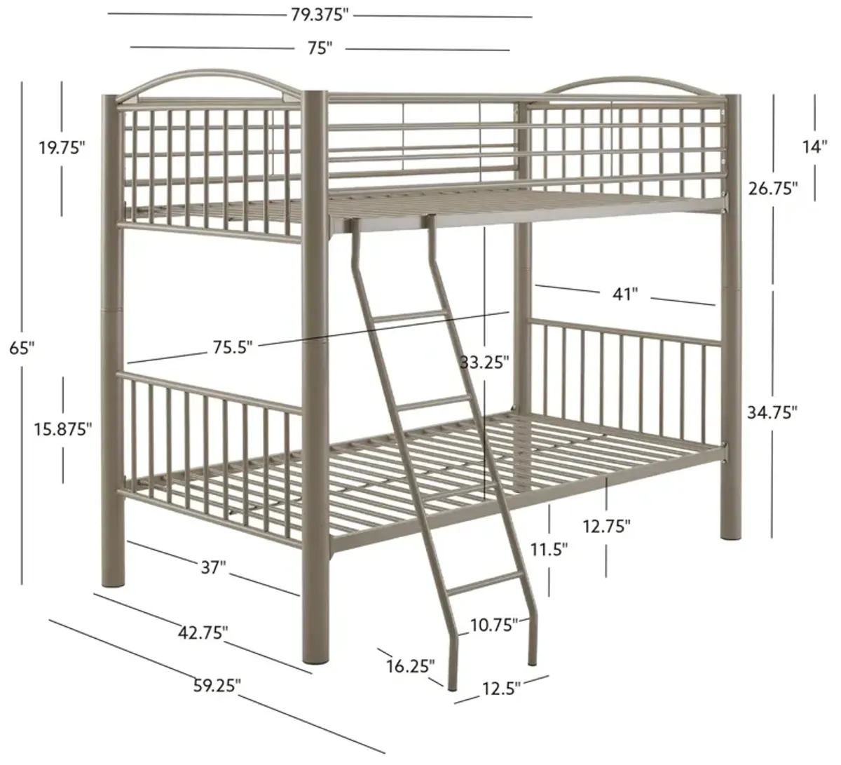 Kids/Teens Heavy Metal Pewter Twin Over Twin Bunk Bed