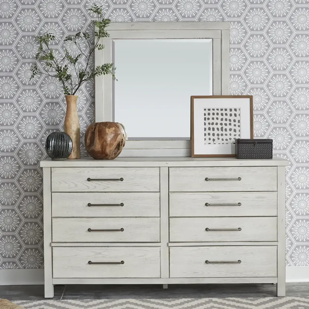 Liberty Furniture Flea Market White Distressed Dresser & Mirror Set Modern Farmhouse