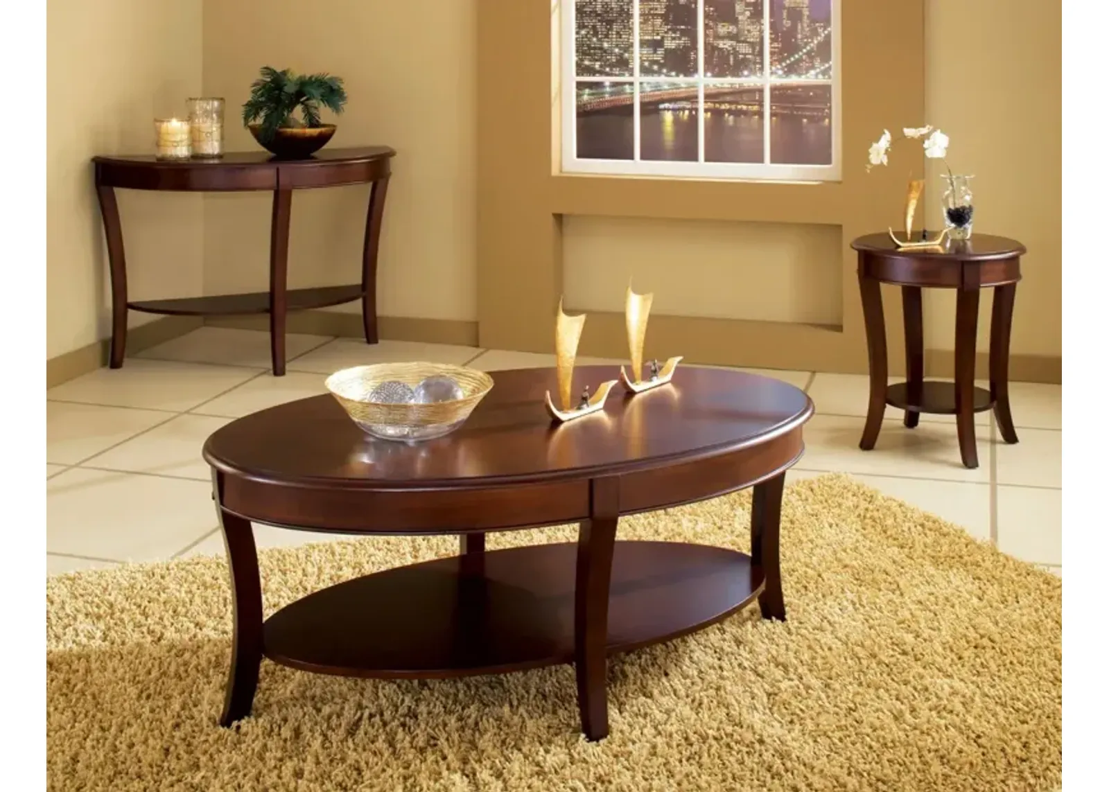 Steve Silver Classic Oval Coffee Table with Shelf in Cherry Finish