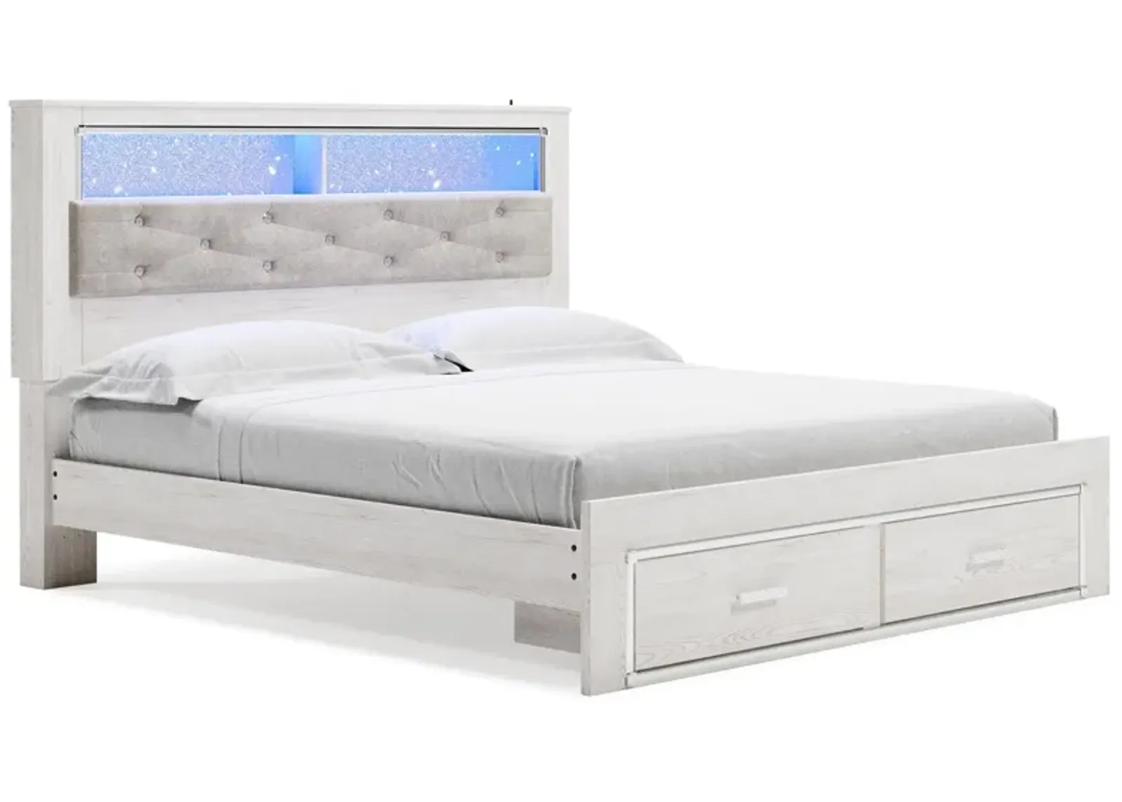 Altyra White King Upholstered Bookcase Bed with Storage