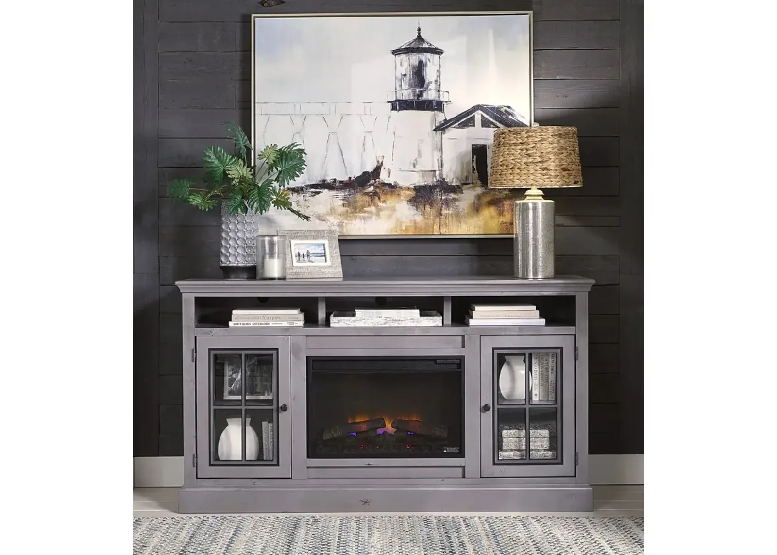 Aspenhome Churchill Smokey Grey 70 Inch Highboy Fireplace TV Stand Console