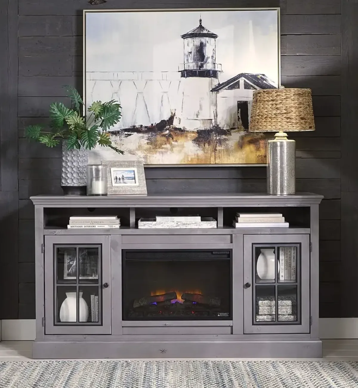 Aspenhome Churchill Smokey Grey 70 Inch Highboy Fireplace TV Stand Console