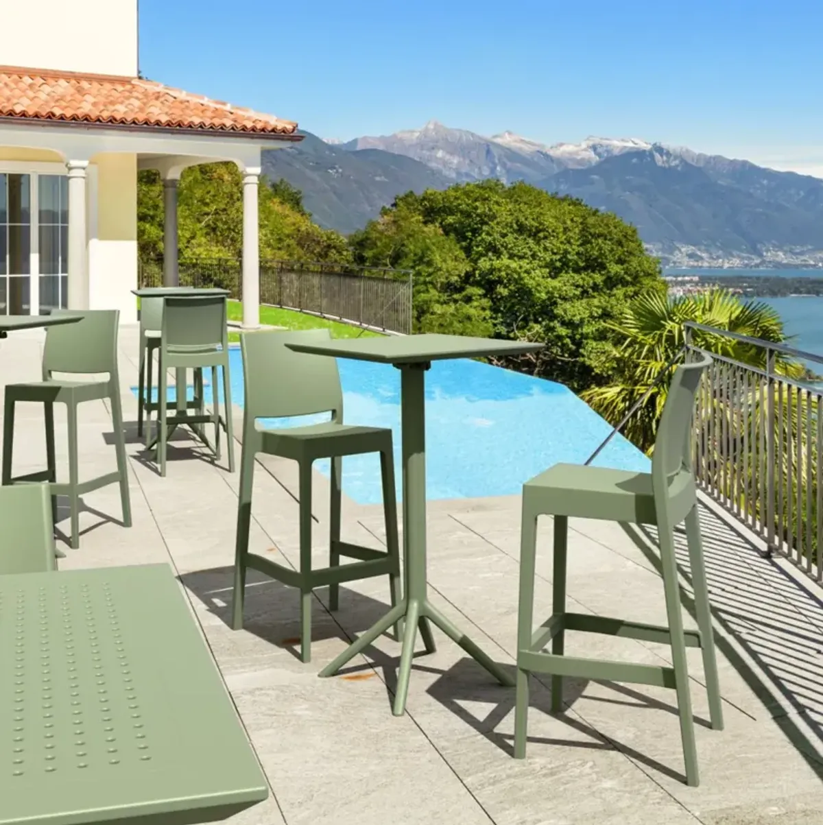 Compamia Sky Maya Square Bar Set with 2 Barstools Olive Green