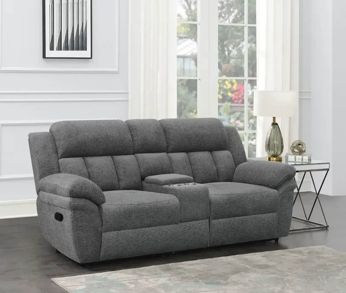 Coaster Bahrain Upholstered Motion Loveseat Charcoal