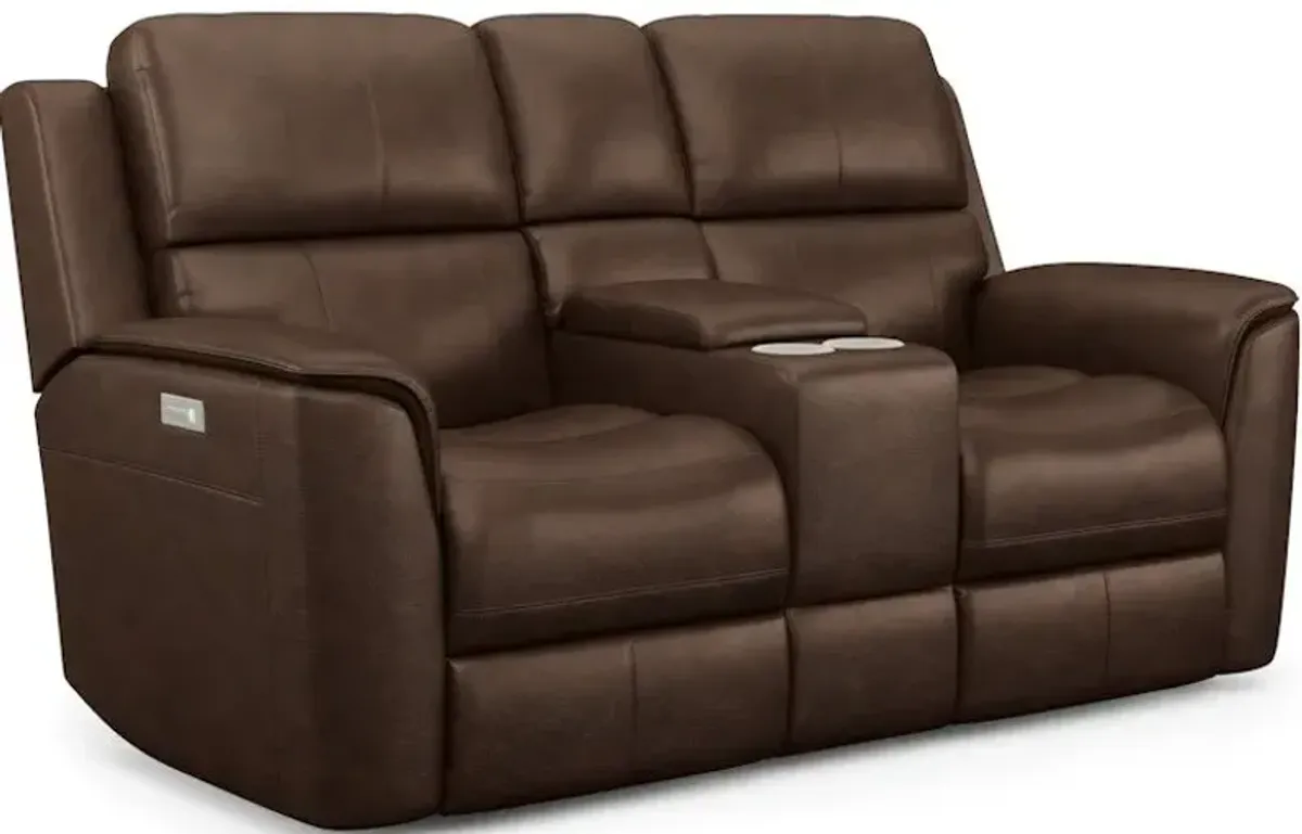 Flexsteel Henry Burnt Umber Leather Triple Power Reclining Console Loveseat