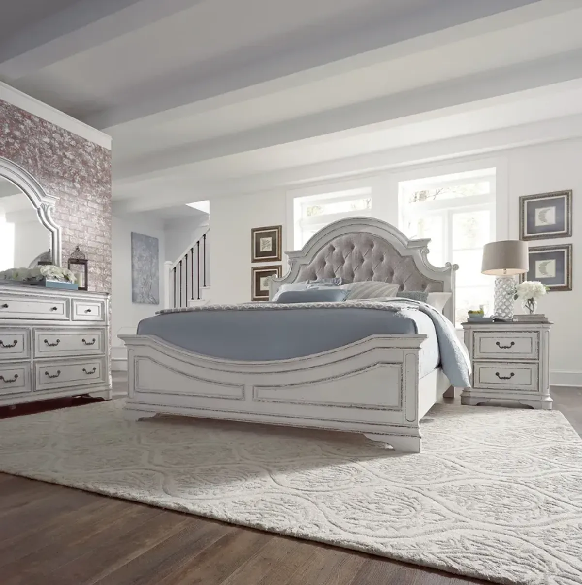 Liberty Furniture Complete King Bedroom Set Upholstered Bed, Dresser, Mirror & Nightstand Magnolia Manor