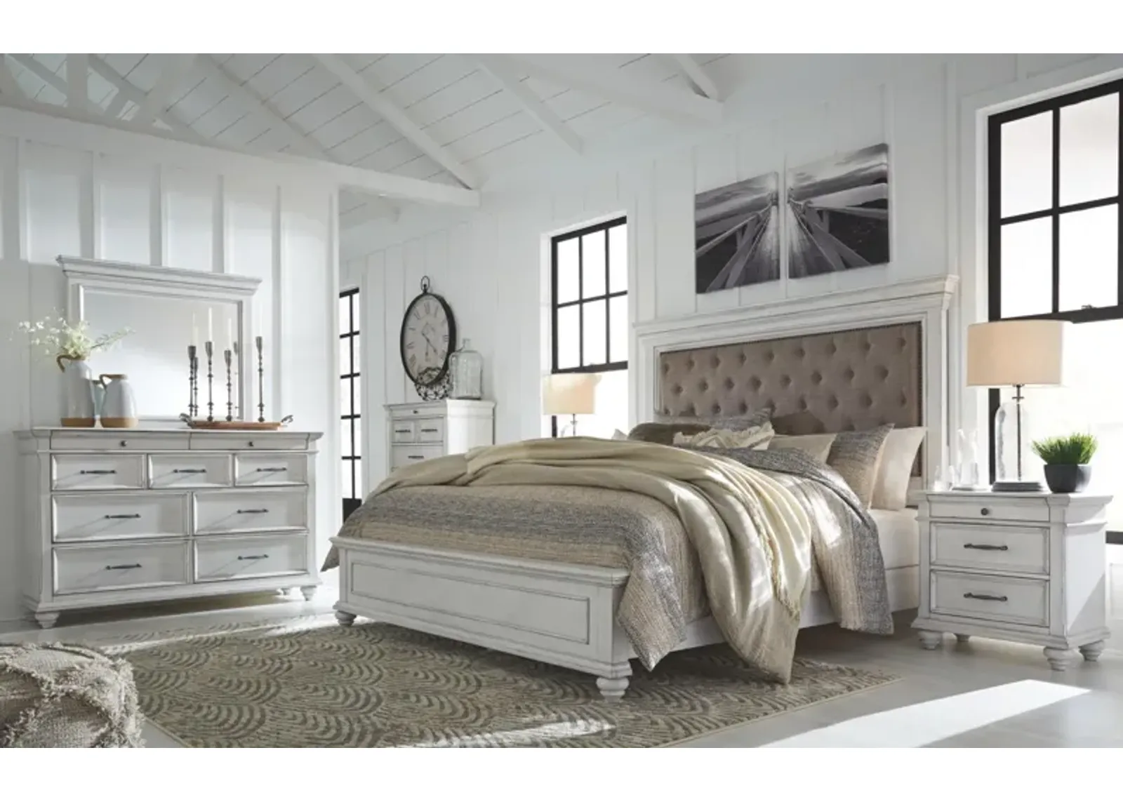 Ashley Kanwyn California King Panel Bed Button Tufted Whitewash