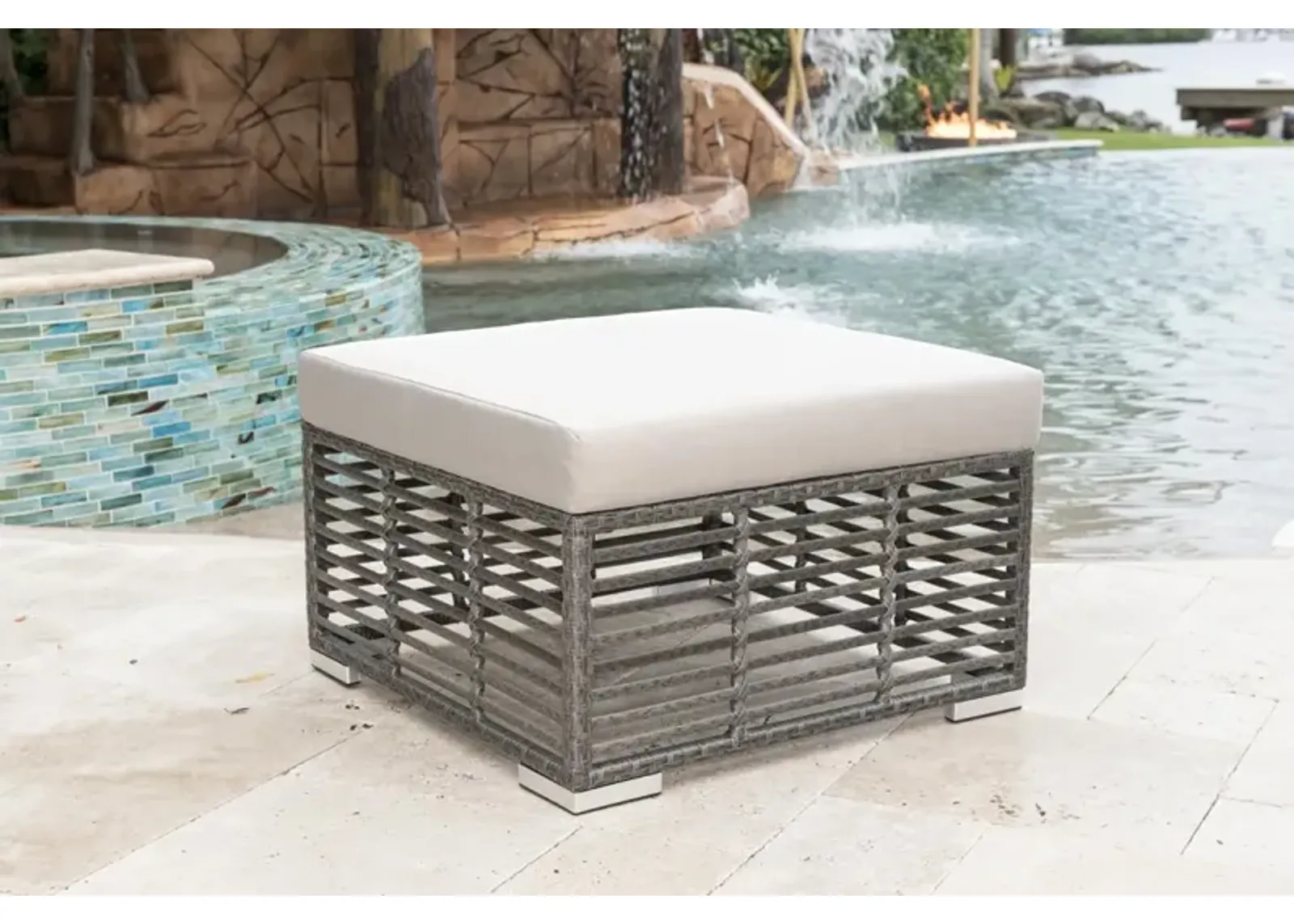 PANAMA JACK GRAPHITE SQUARE OTTOMAN W/OUTDOOR OFF-WHITE FABRIC