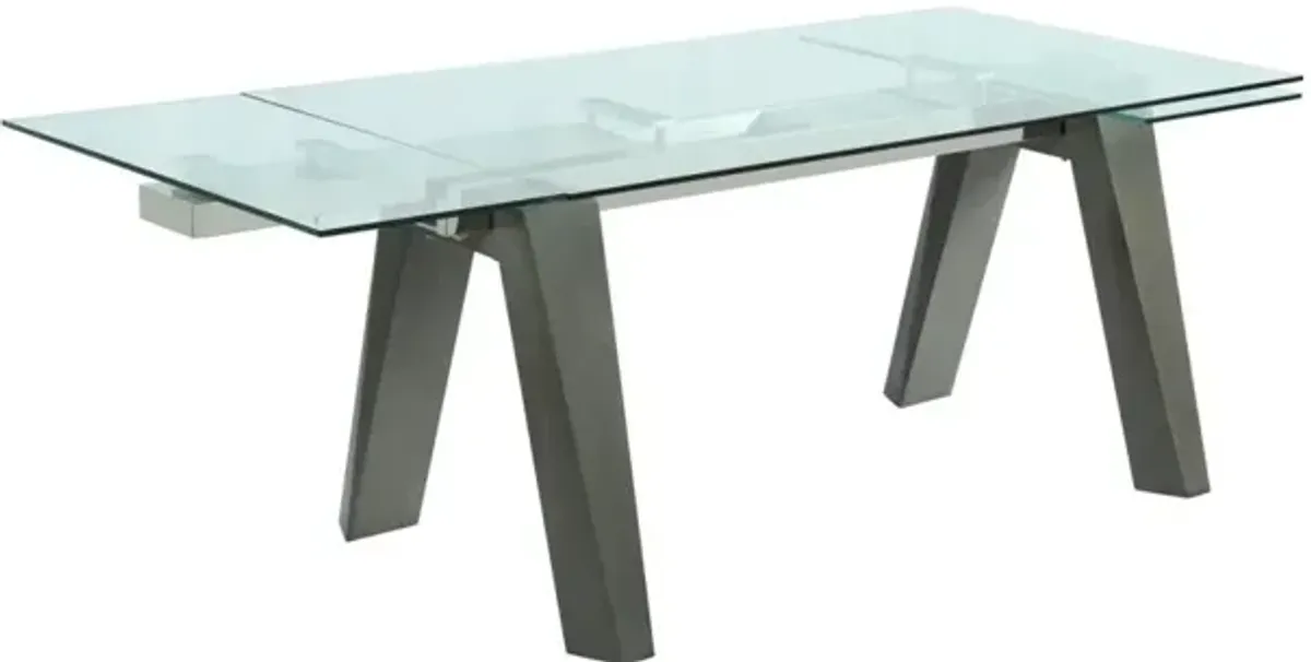 Chintaly Esther Grey Modern Dining Table with Extendable Glass Top & Solid Wood Legs