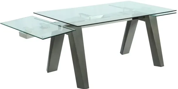 ESTHER GREY MODERN DINING TABLE WITH EXTENDABLE GLASS TOP & SOLID WOOD LEGS