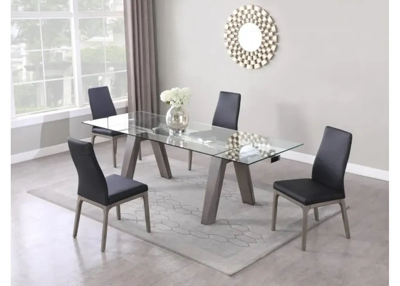 Chintaly Esther Grey Modern Dining Table with Extendable Glass Top & Solid Wood Legs