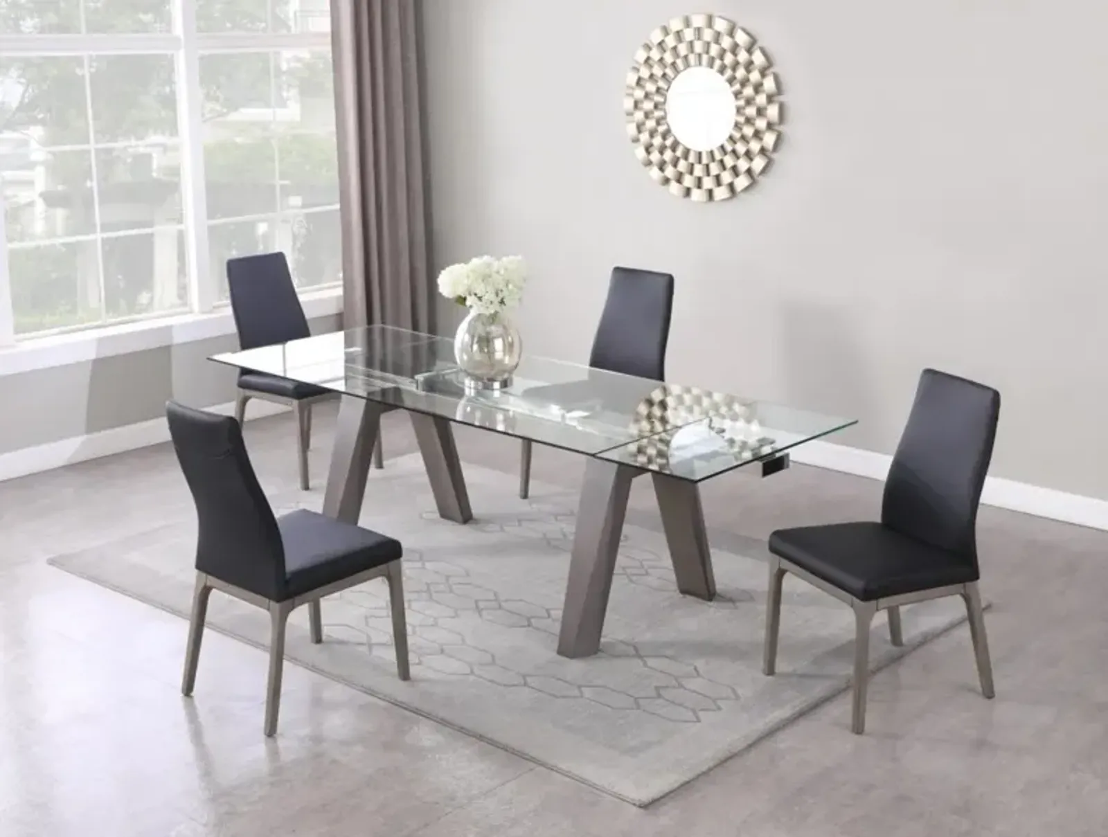 Chintaly Esther Grey Modern Dining Table with Extendable Glass Top & Solid Wood Legs