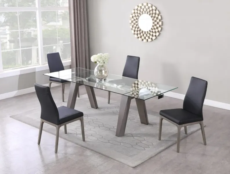 ESTHER GREY MODERN DINING TABLE WITH EXTENDABLE GLASS TOP & SOLID WOOD LEGS