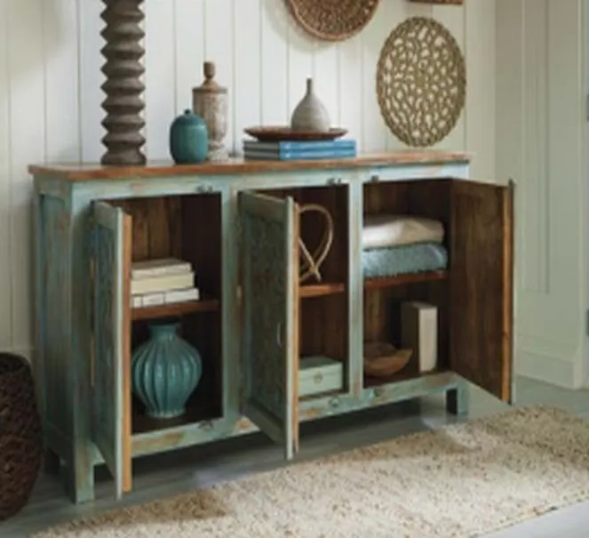 HIDDEN TREASURES VINTAGE BLUE THREE DOOR CABINET