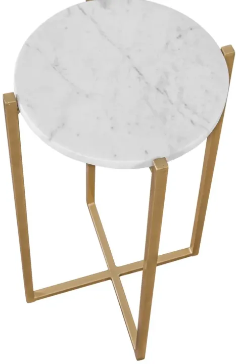 BOSTON 24 INCH TALL ROUND GENUINE MARBLE TOP ACCENT TABLE IN WHITE & GOLD