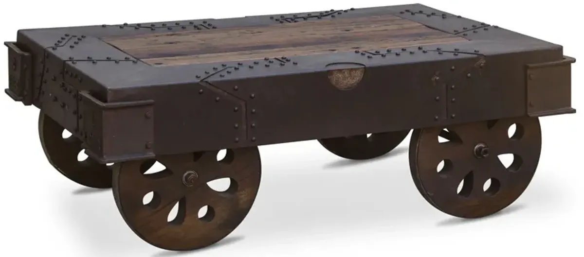 Home Trends Design Vintage Industrial 48-Inch Reclaimed Iron Wheeled Coffee Table