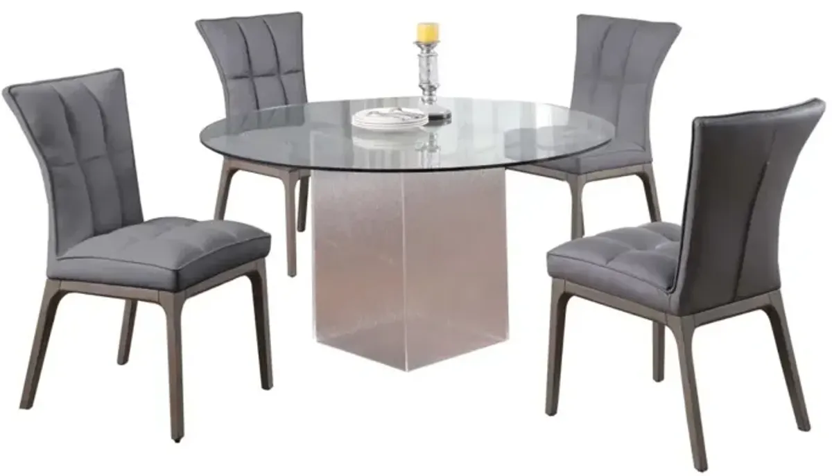 Chintaly Valerie Grey Contemporary Dining Set with Round Glass Table Acrylic Base & 4 Tufted Side Chairs