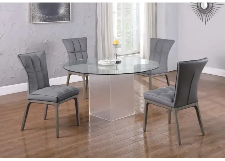 VALERIE GREY CONTEMPORARY DINING SET WITH ROUND GLASS TABLE, ACRYLIC BASE & 4 TUFTED SIDE CHAIRS