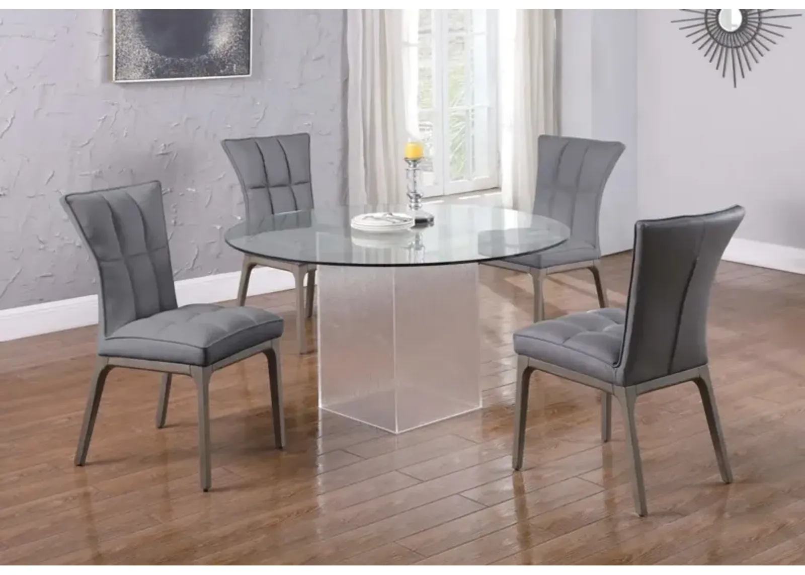 Chintaly Valerie Grey Contemporary Dining Set with Round Glass Table Acrylic Base & 4 Tufted Side Chairs