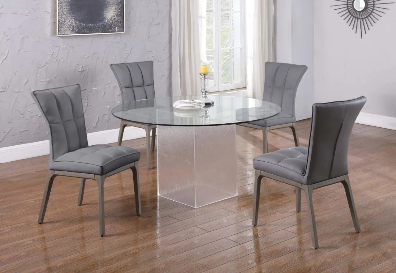 VALERIE GREY CONTEMPORARY DINING SET WITH ROUND GLASS TABLE, ACRYLIC BASE & 4 TUFTED SIDE CHAIRS